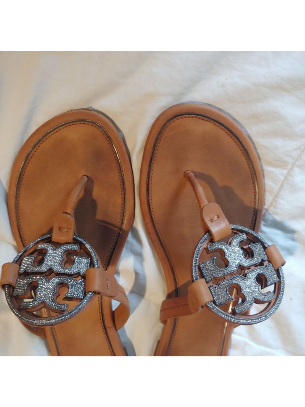 Tory Burch Miller Crystal Logo Sandals Leather Thong Rhinestone Medallion 11 - Picture 9 of 13